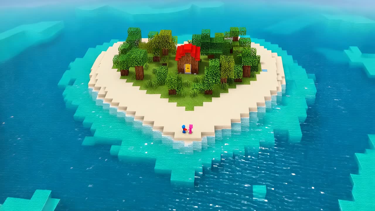 Zoomende kamera, der bringer blå og pink voxel-avatarer tættere på hjerteformet ø-spids, hvor de deler en gave