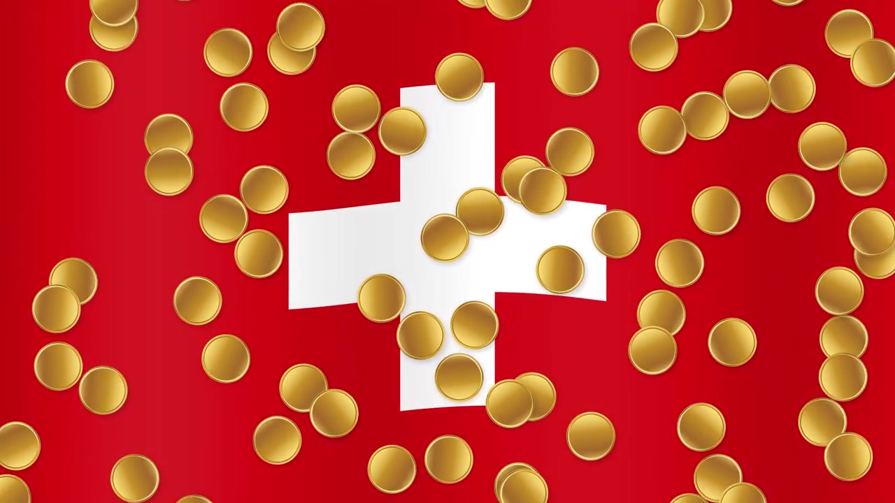 Animazione di monete d'oro che piovono su uno sfondo con bandiera svizzera rossa e bianca che sventola