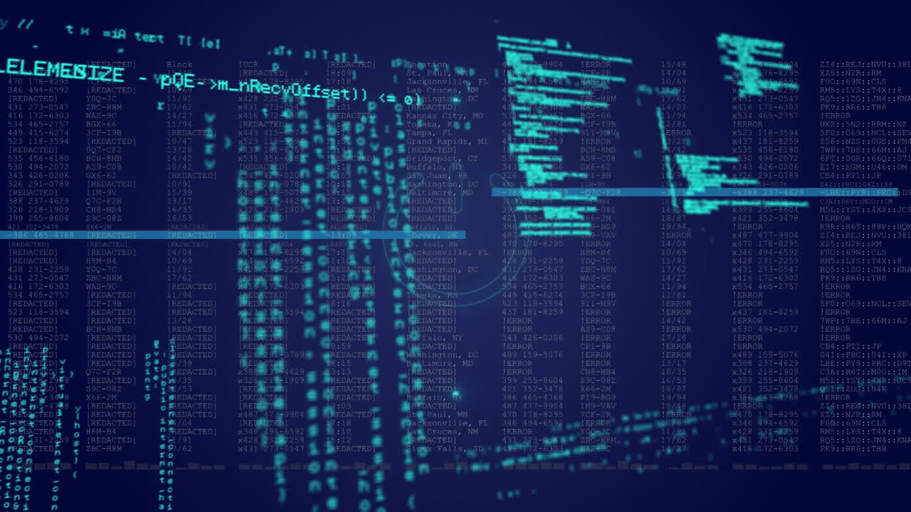 Animation of illuminated power button over computer language on abstract interface in background