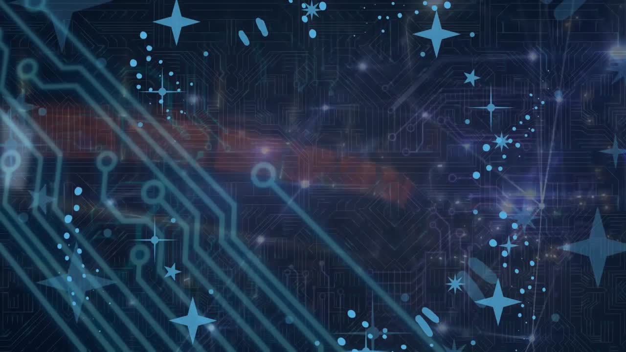 마이크로프로세서 연결의 애니메이션과 파란색 배경에 대한 빛나는 연결 네트워크