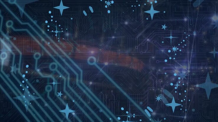 Animazione di connessioni di microprocessore e rete luminosa di connessioni su sfondo blu