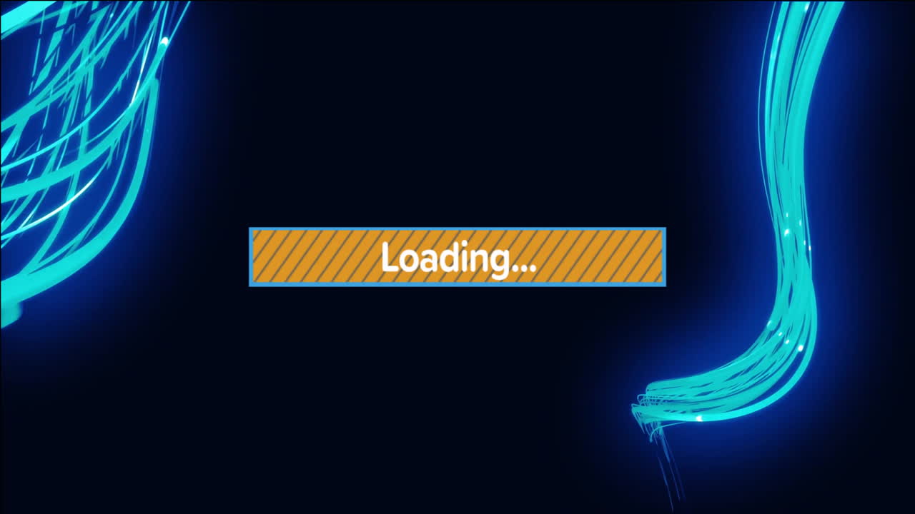 Animation of loading text and digital data processing over light trails on black background