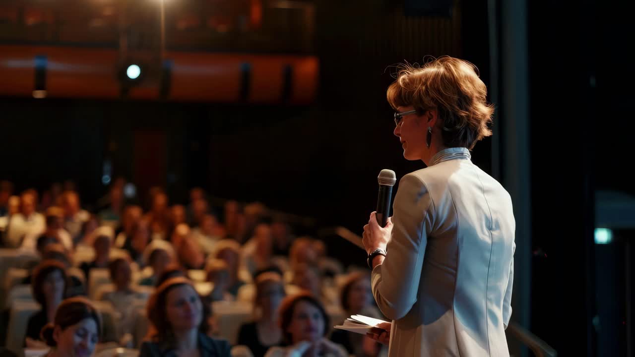 A speaker addresses an audience in a dimly lit auditorium. The video captures a side angle