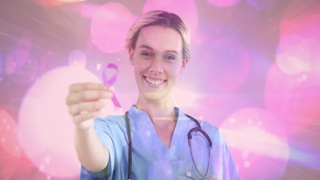 animation of happy caucasian female doctor with red ribbon over spots