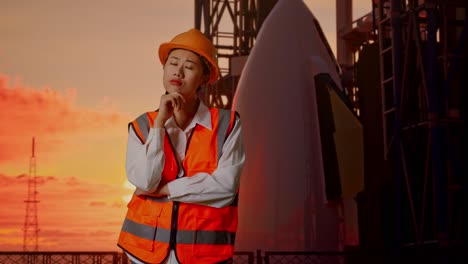 thoughtful engineer at rocket launch site