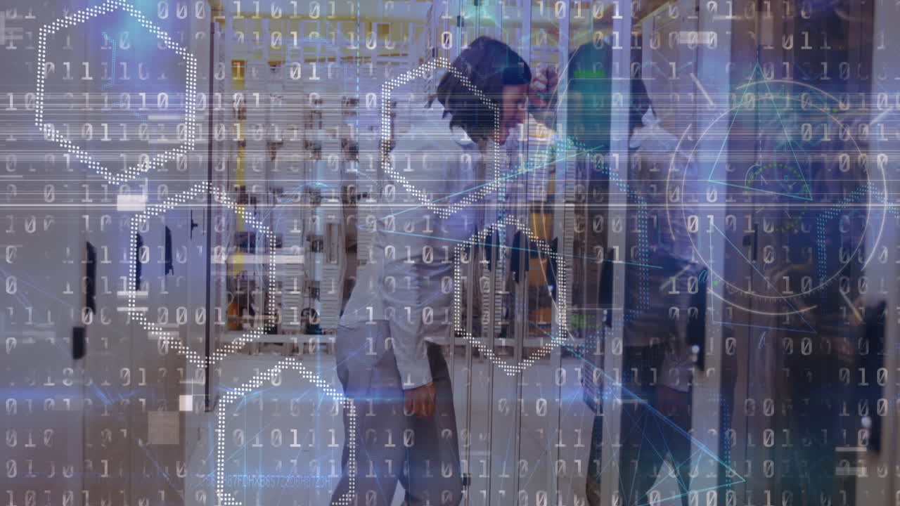 Animation of binary coding data over computer servers and tired caucasian female it engineer