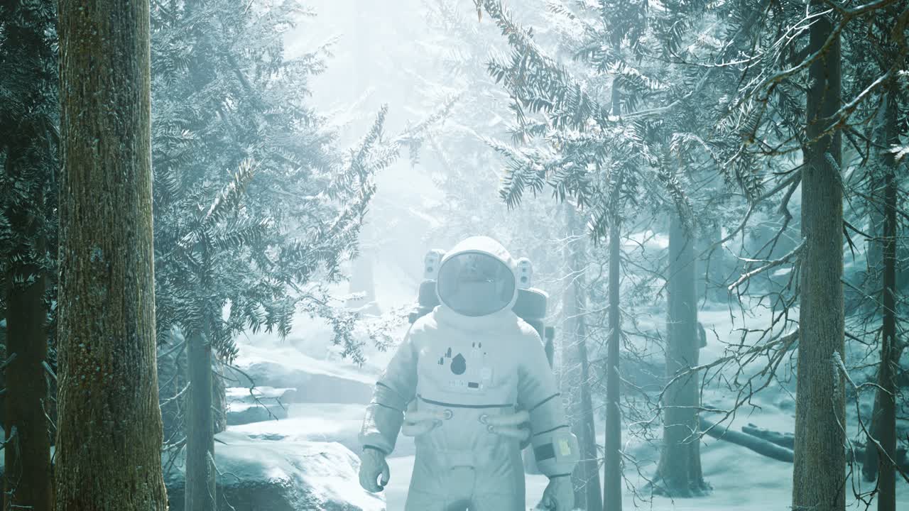 우주 비행사가 눈 속의 숲을 탐험하고 있습니다.