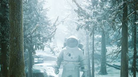 astronaut exploring forest in snow