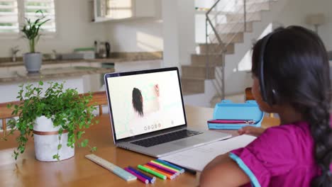 Niña-Afroamericana-Haciendo-La-Tarea-Mientras-Hace-Una-Videollamada-Con-Una-Profesora-En-Una-Computadora-Portátil-En-Casa