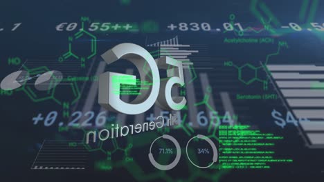 animation of 5g 5th generation text over chemical structural compounds and data processing in backgr