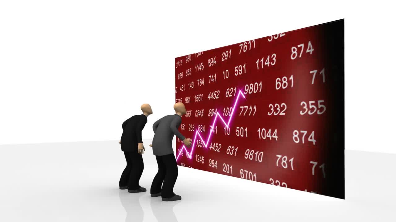 Animation showing 3d men observing share market on a screen