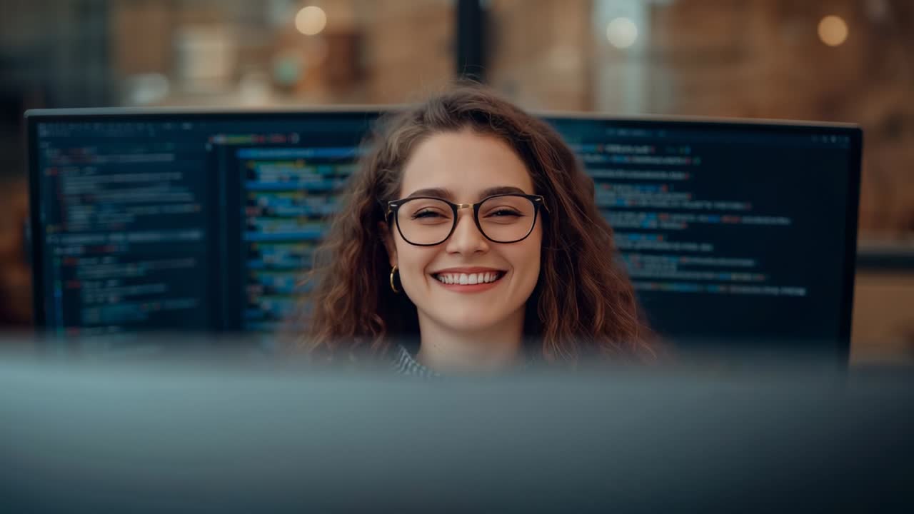 Stretching developer in striped top and glasses, celebrating code success at office with monitors