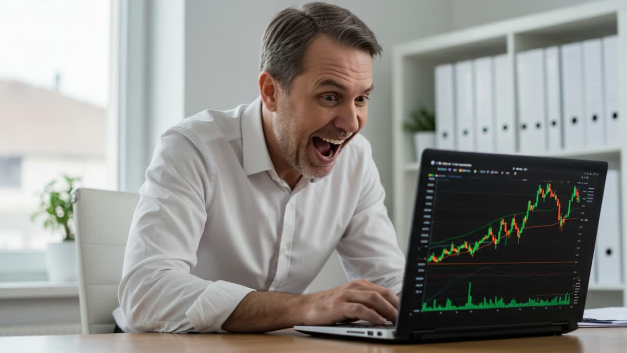 A Surprised Investor's Journey: From Shock to Excitement While Analyzing Stock Market Trends on His Laptop, Capturing the Emotional Rollercoaster of Trading