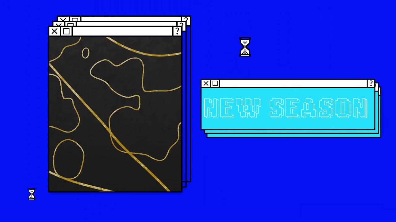 Animation of new season text and abstract pattern on black on windows over blue desktop