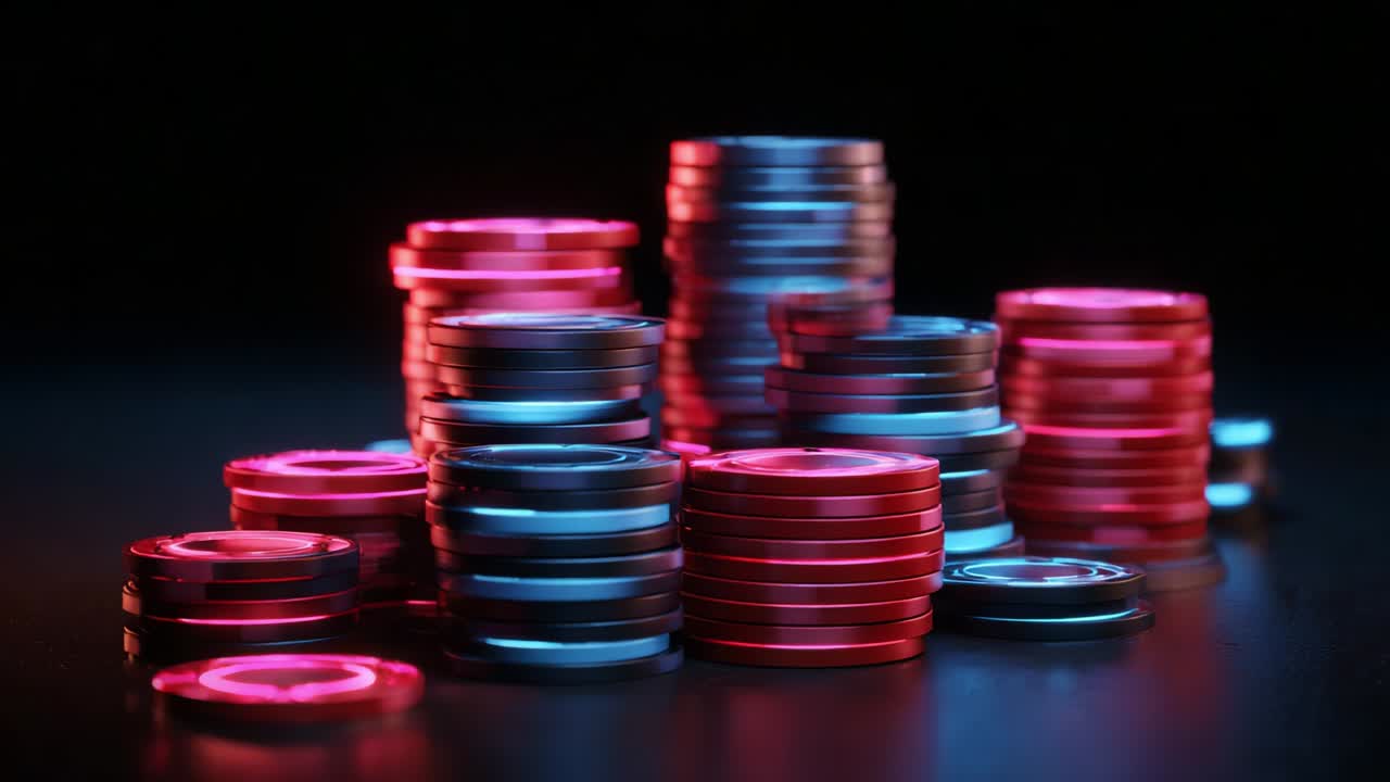 A mesmerizing arrangement of vibrant, multicolored gaming chips illuminated by soft lighting, showcasing a captivating mix of red and blue hues that create a visually striking composition full of energy and excitement