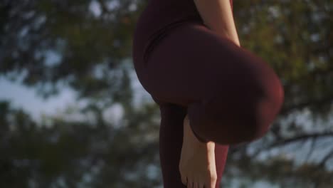 Mujer-Joven-Que-Realiza-Una-Pose-De-Yoga-De-árbol-De-Pie-En-Un-Entorno-Forestal-Al-Aire-Libre