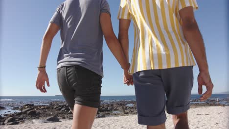 midsection of diverse gay male couple walking and holding hands at beach, slow motion