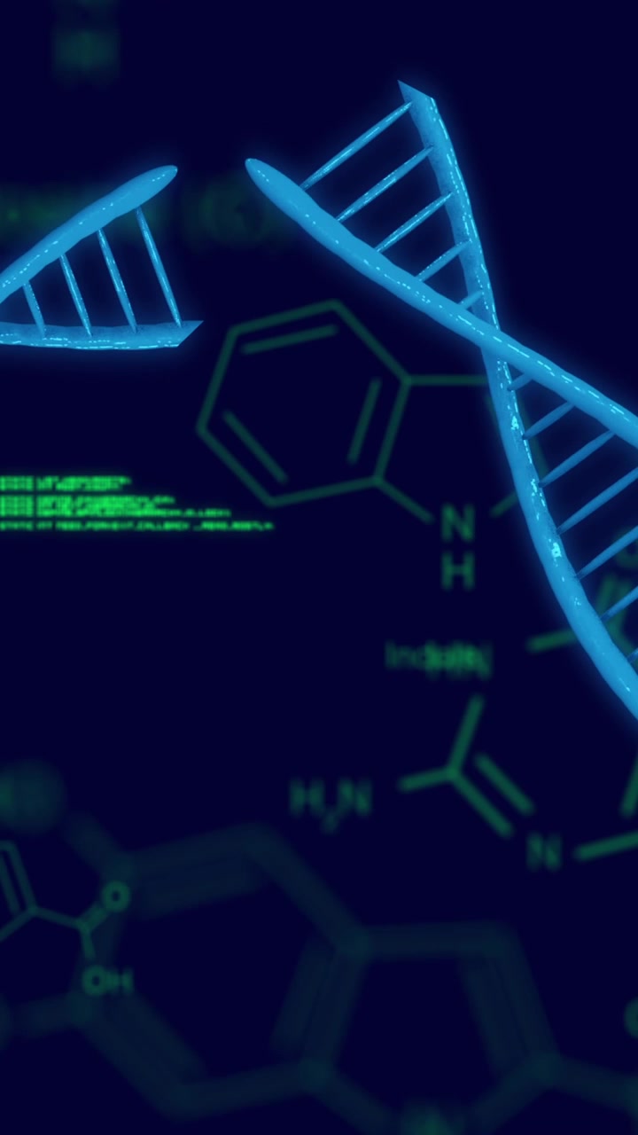 Animation of scientific data processing and dna strands over dark background