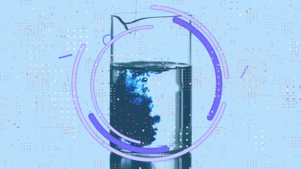 물로 가득 찬 컵에 떨어지는 액체 위에 눈, 원 및 움직이는 선의 애니메이션