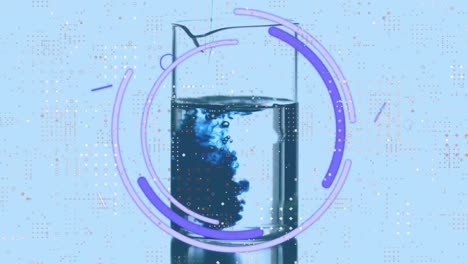 animación de ojos, círculos y líneas móviles sobre líquido que cae en un vaso lleno de agua.