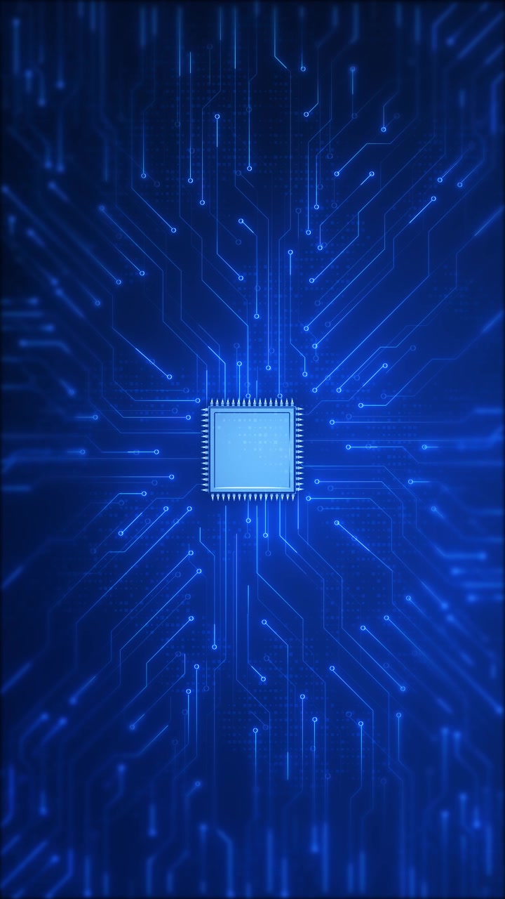 Glowing processor circuit board electric pathways chip advanced technology layout artificial