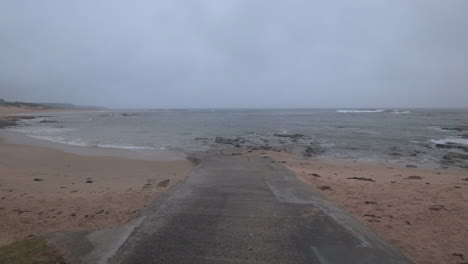 Boat-Ramp-Path-on-Cape-Paterson-Bay-Beach,-Overcast-grey,-Australia-Victoria