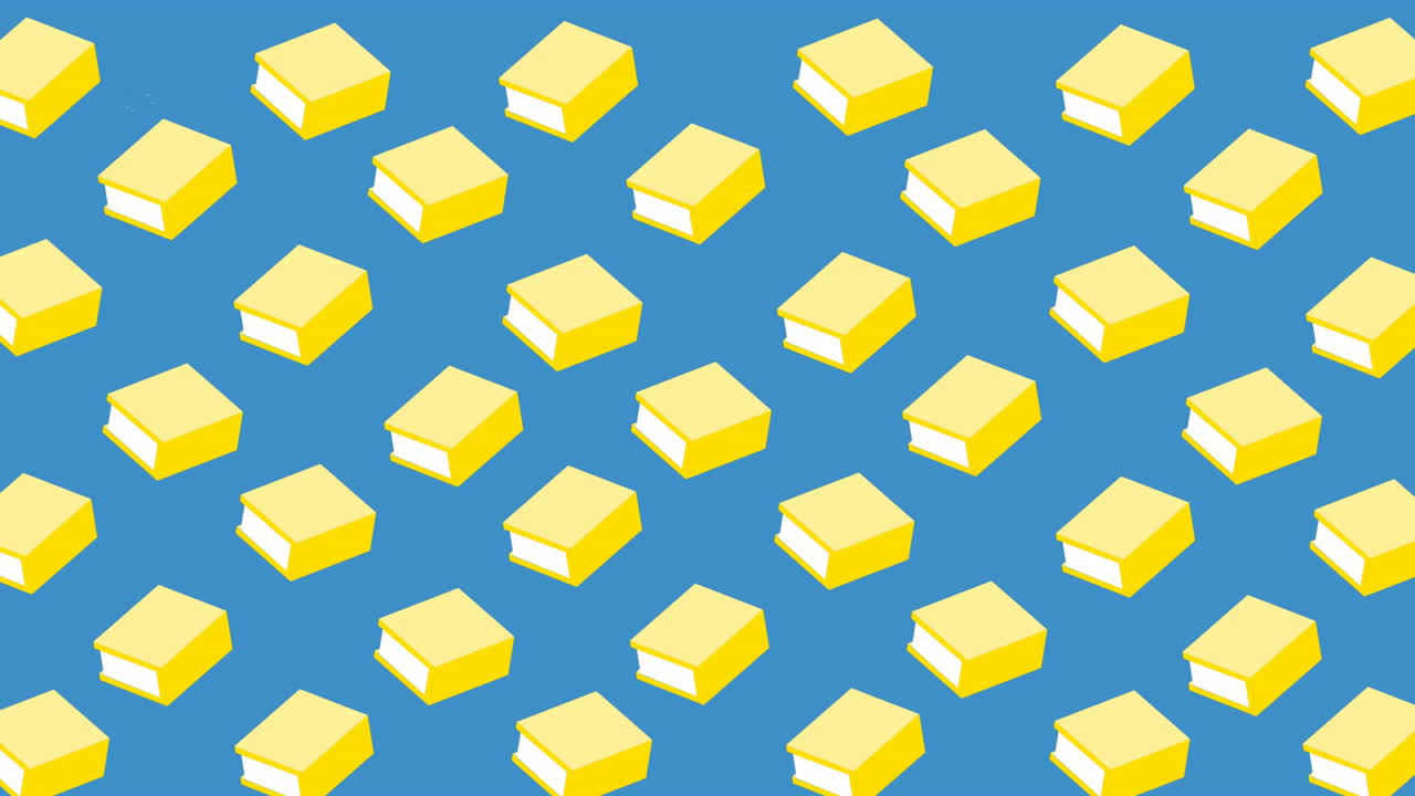 복사 공간과 함께 파란색 배경에 원활한 패턴으로 움직이는 여러 책 아이콘의 애니메이션