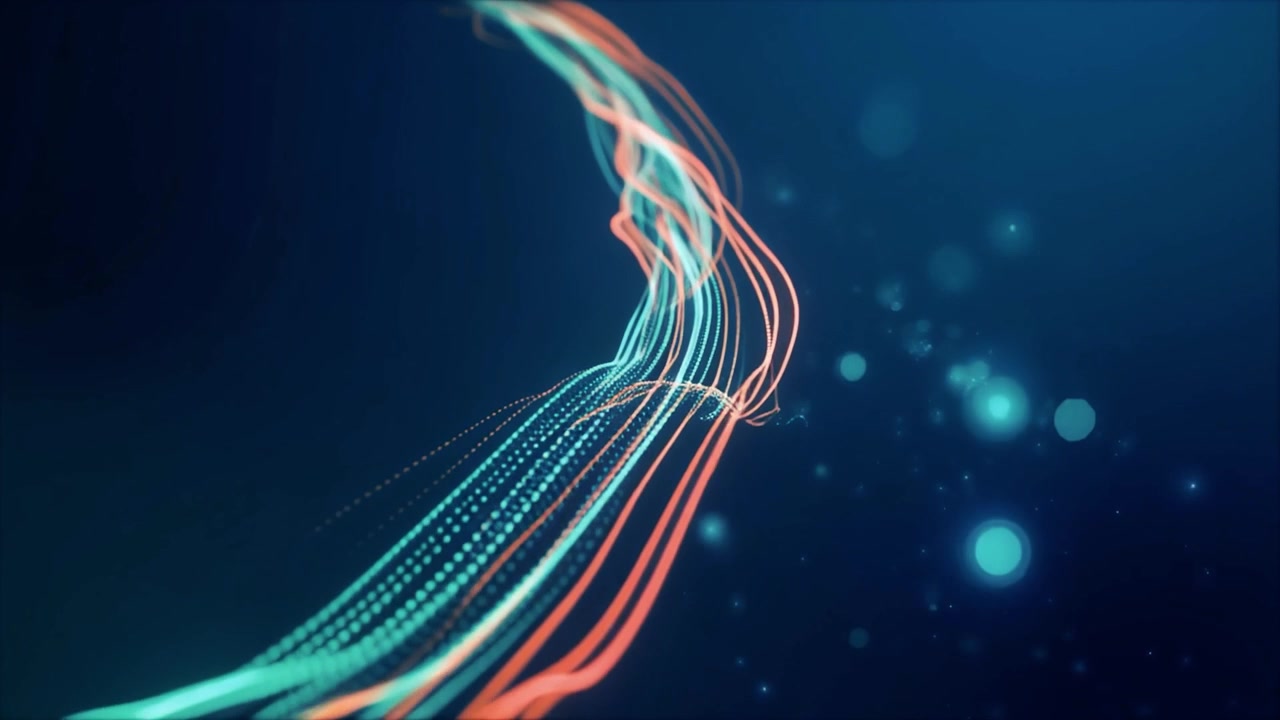 Abstrakt bevægelsesgrafik af glødende orange og turkise datastrømme