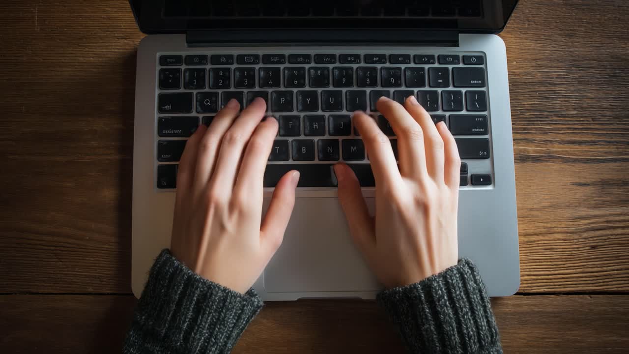 Focused Hands Typing on a Laptop Keyboard: A Close-Up View of Creative Writing and Digital Engagement in a Cozy Workspace