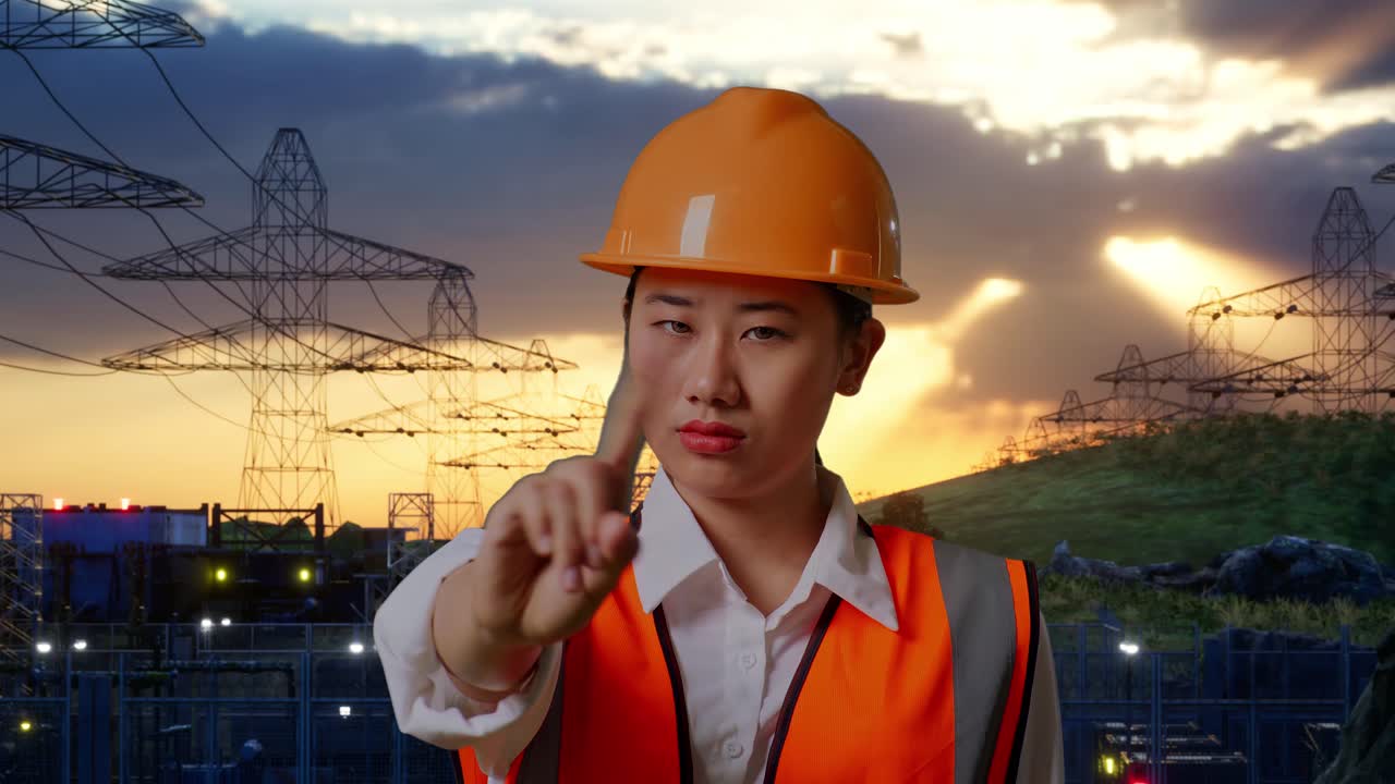 Close Up Of Asian Female Engineer With Safety Helmet Disapproving With No Index Finger Sign While Standing Near High Voltage Tower