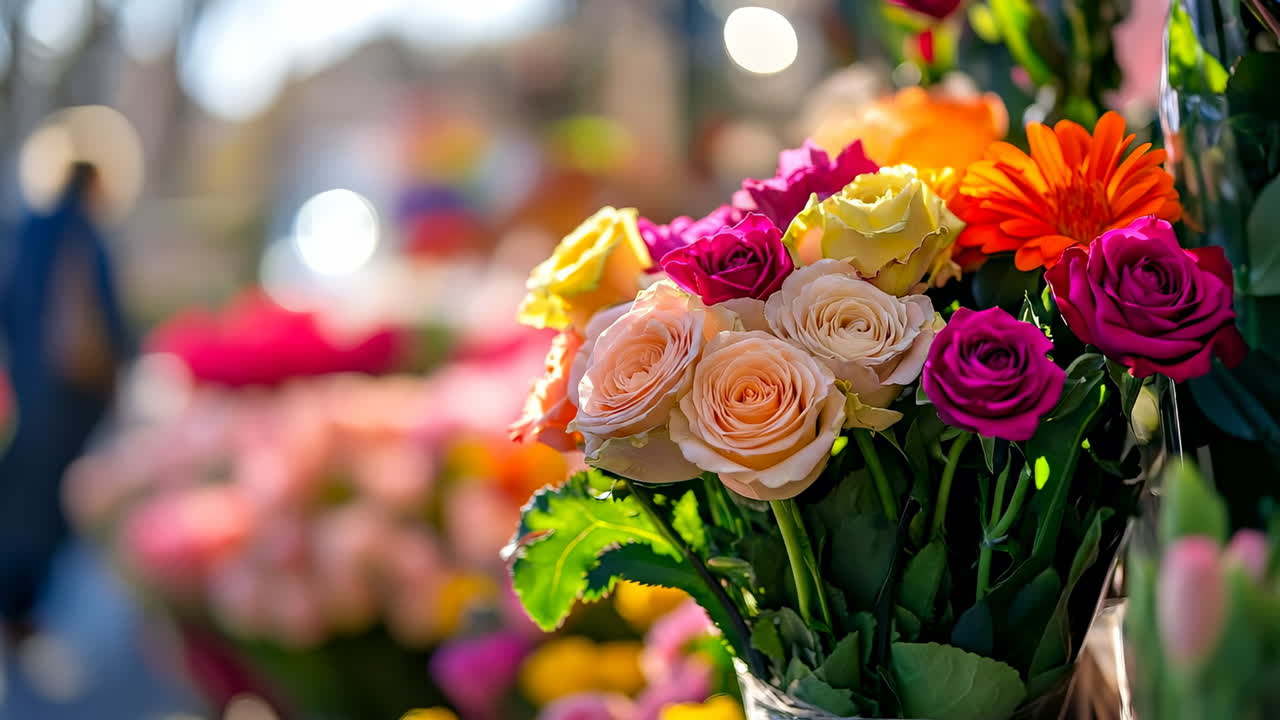 Colorful bouquet of flowers at a market. Bright flowers arranged in a bouquet attract customers at a bustling outdoor market during a sunny day