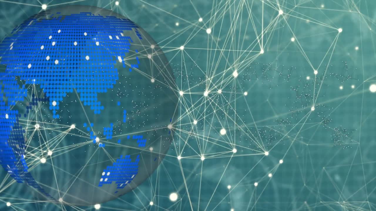 animación de redes de conexiones y globo sobre fondo azul