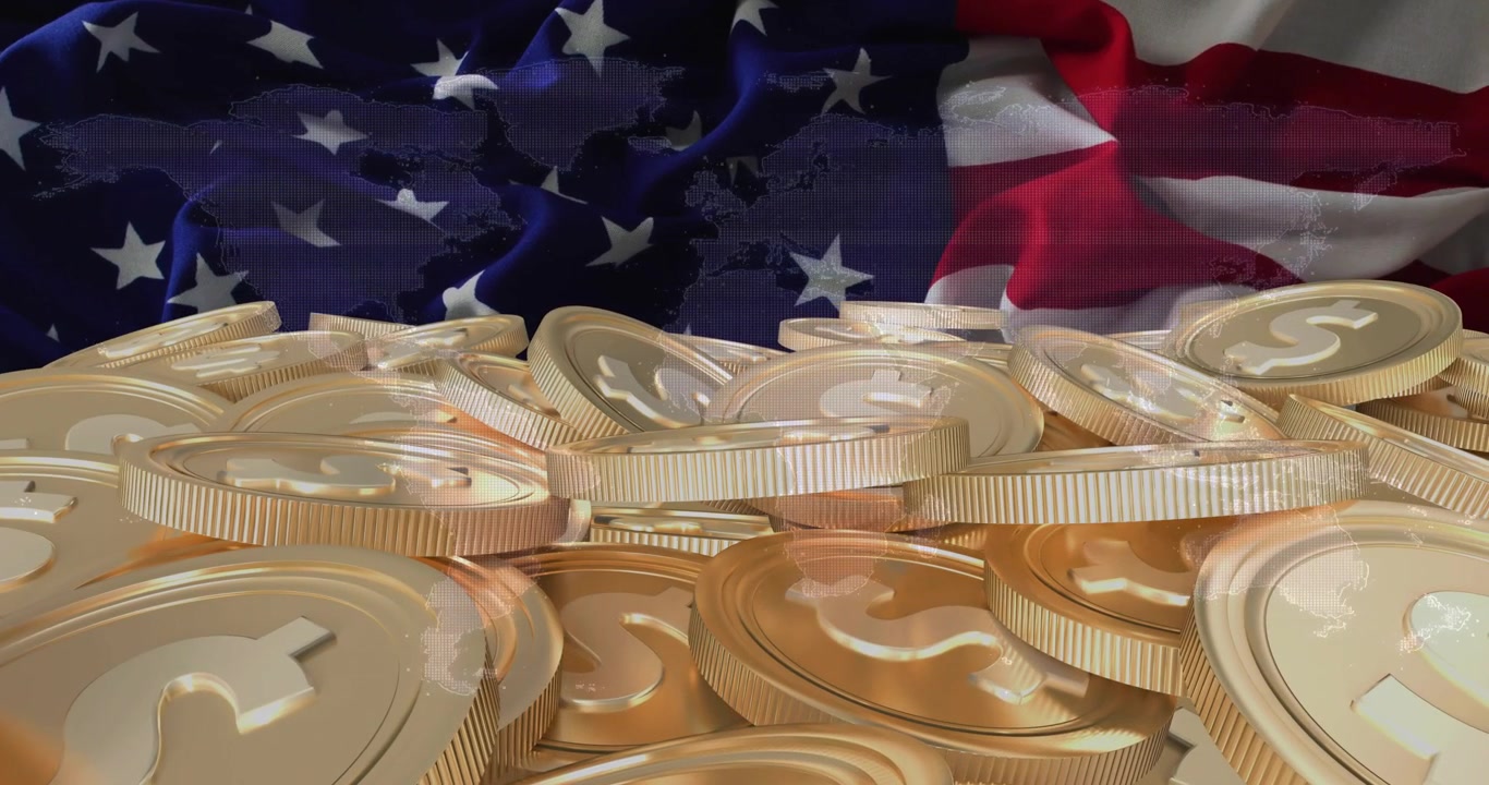 Monete d'oro con simboli del dollaro sparse su uno sfondo con bandiera americana, in stile animazione.
