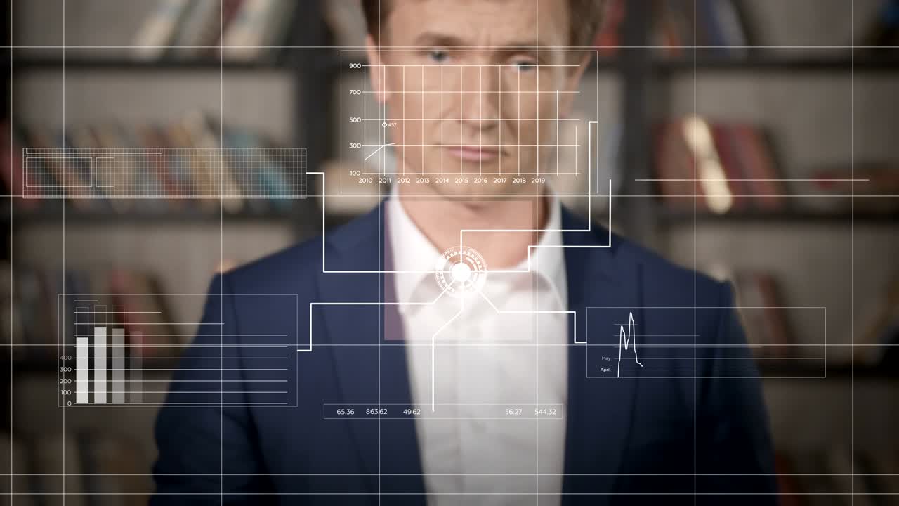 прекрасная голограмма медленный портрет успешный бизнесмен работает футуристический технологический белый голограмма анализ данных. бизнес-концепция. бизнесмен серия 4k ultra hd 4096x2160 3d анимация.