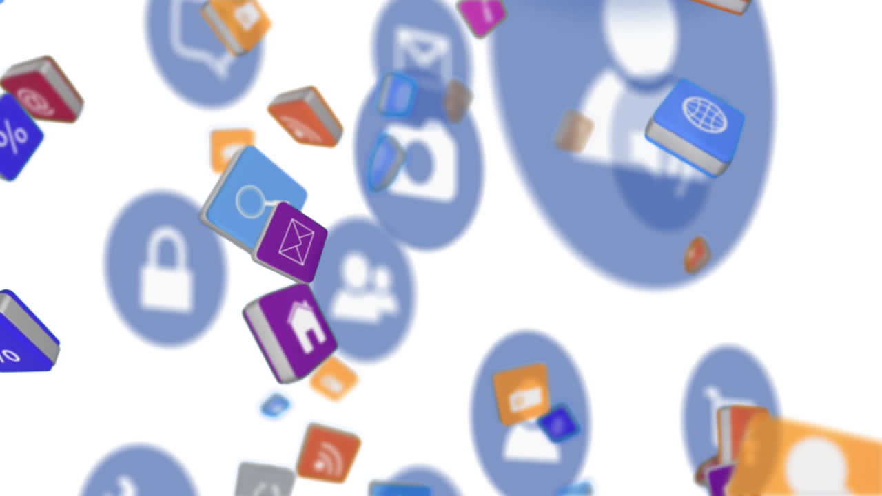 Animazione di icone digitali che fluttuano sopra uno sfondo bianco