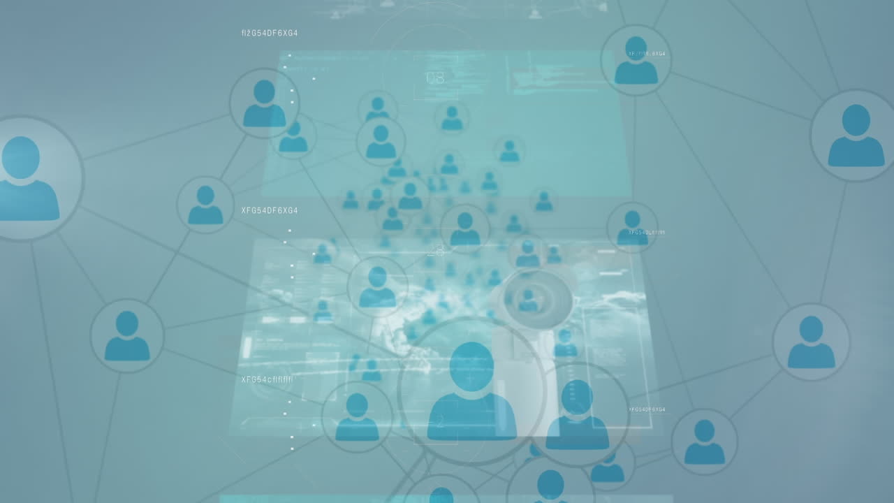Animation of statistics and data processing on screens over network of connections