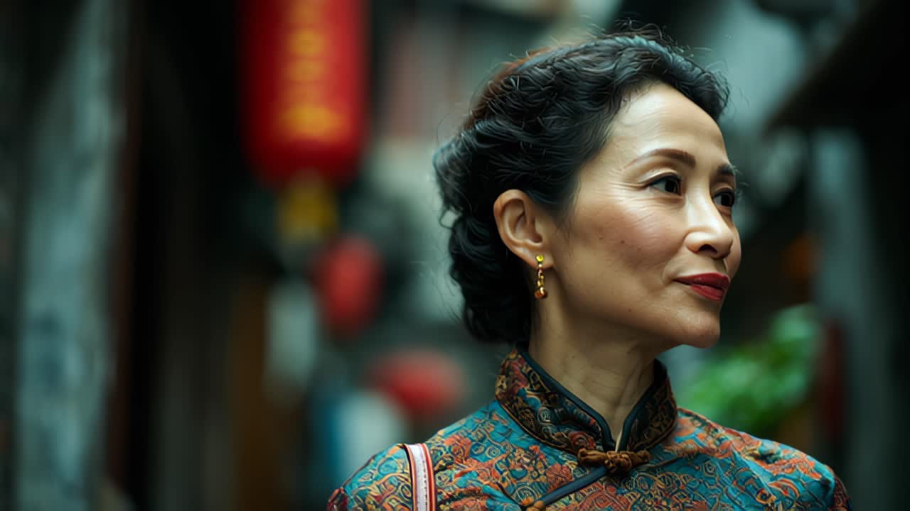 Filmato ravvicinato di un'elegante donna asiatica che indossa abiti tradizionali a fantasia e orecchini all'aperto su una strada cittadina sfocata con lanterne rosse, atmosfera di viaggio calma.