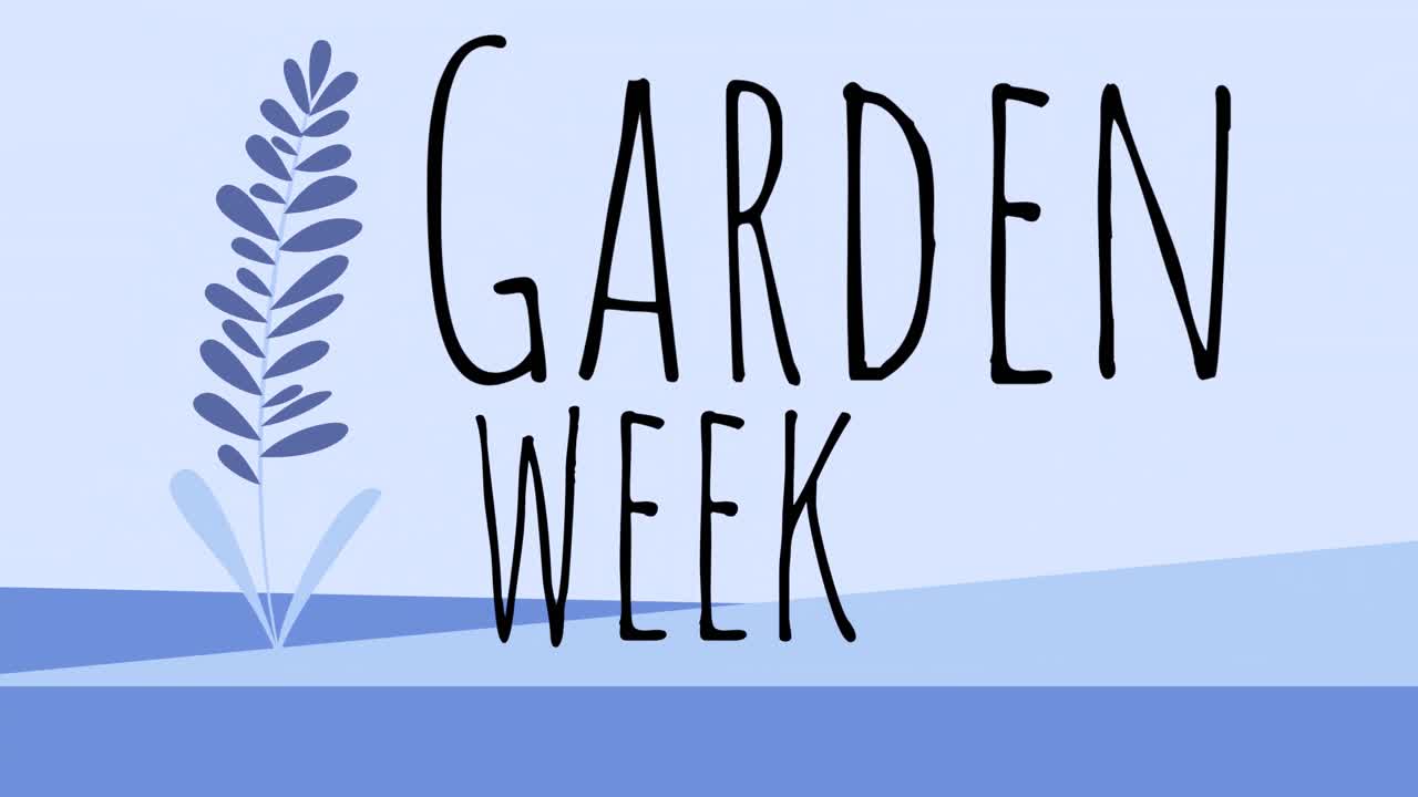 Animation of flower icon and garden week text on blue background