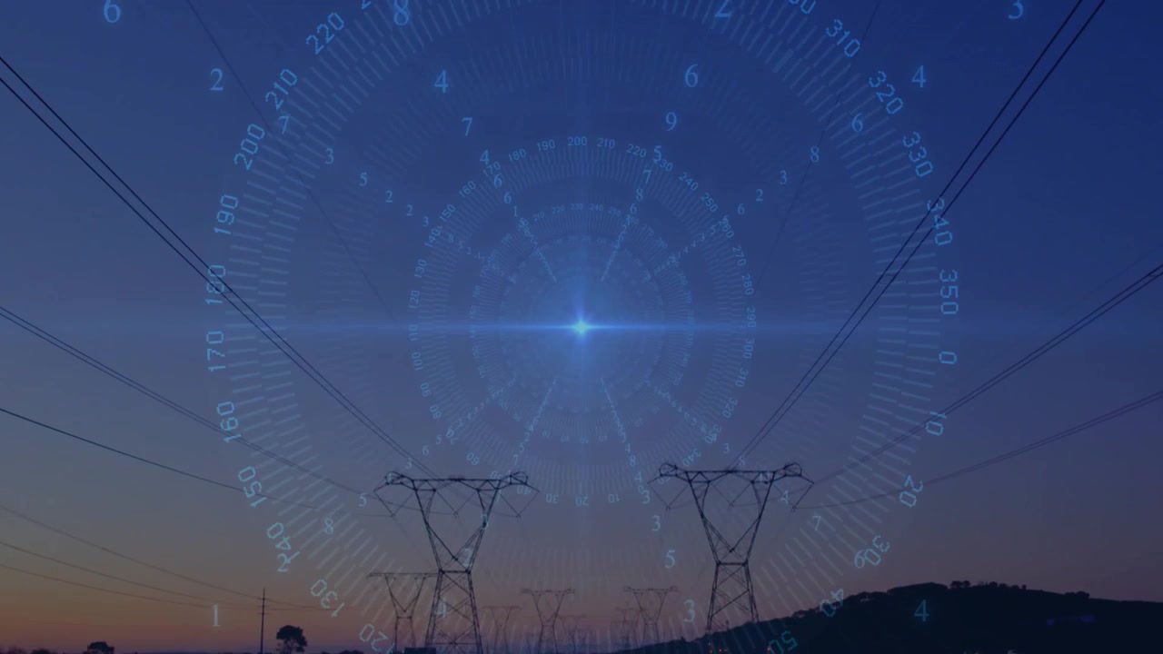 Animación de interfaz pulsante comenzando, pilones emergiendo y el cielo transformándose en un paisaje tecnológico fusionado.
