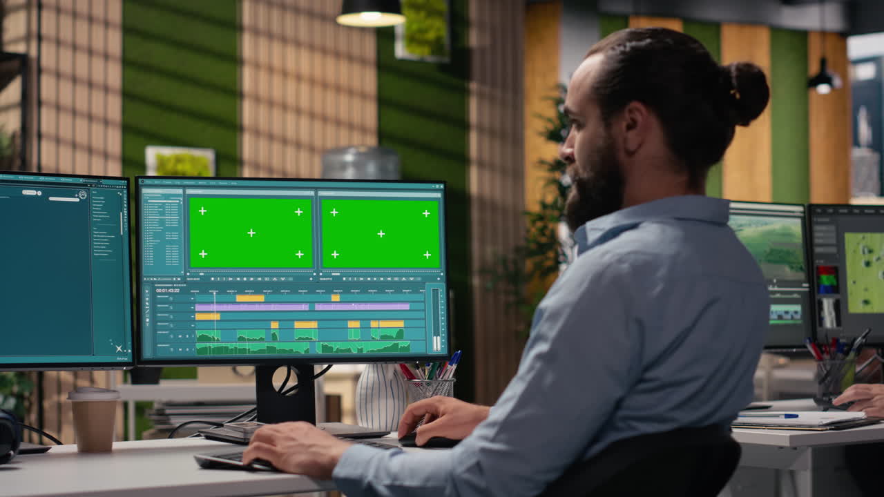 Editor video che lavora al computer con schermo verde