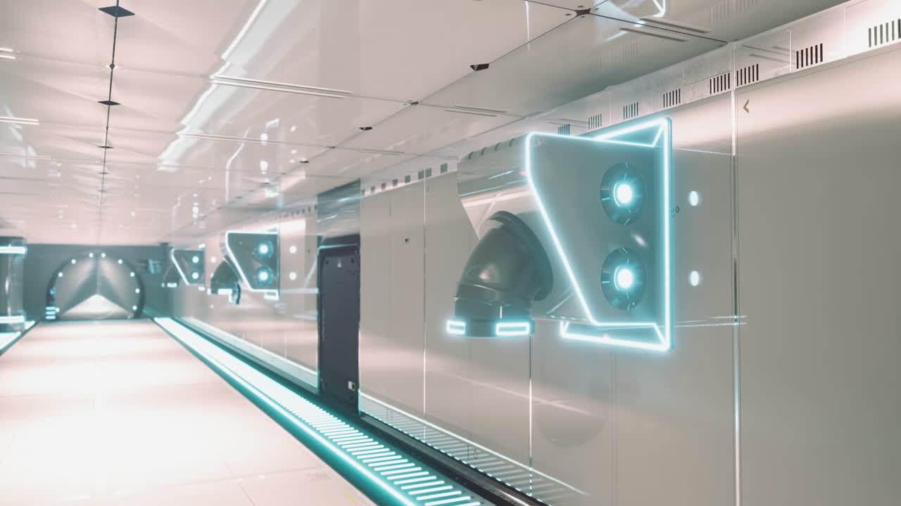 Futuristic interior design of a modern corridor with glowing features