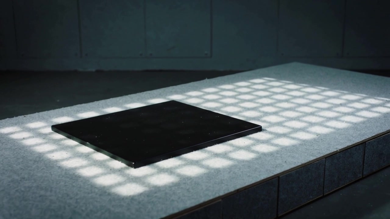 Shifting grid light crossing felt stage in dim room, revealing matte black panel near tiled edge