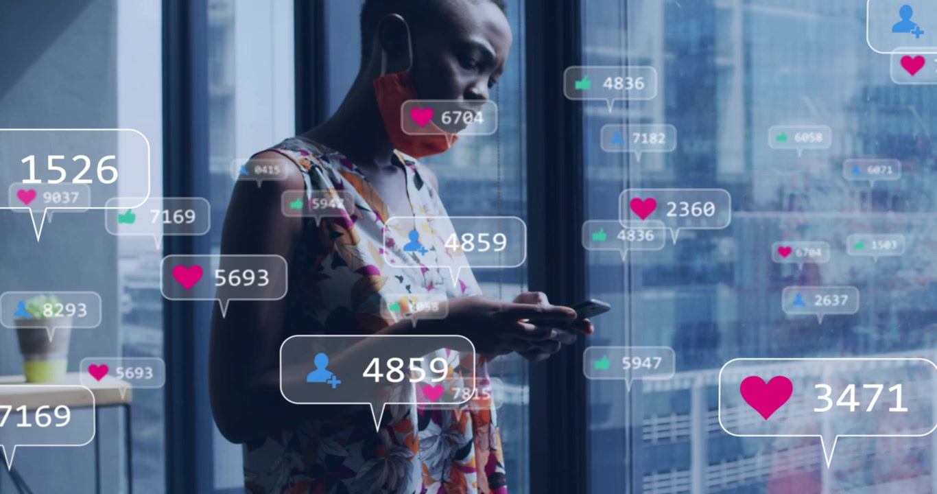 Woman tapping phone near window causing floating likes rising fading tracking marketing engagement