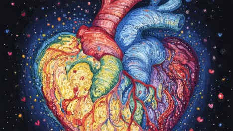 colorful anatomical human heart zooming progressively, exposing intricate arterial networks against dark starry backdrop, highlighting cardiac complexity
