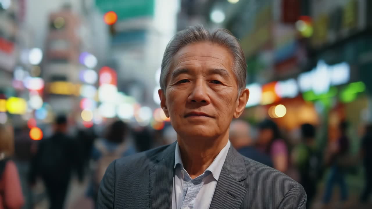 Close-up portrait of an elderly Asian man on a busy city street at night