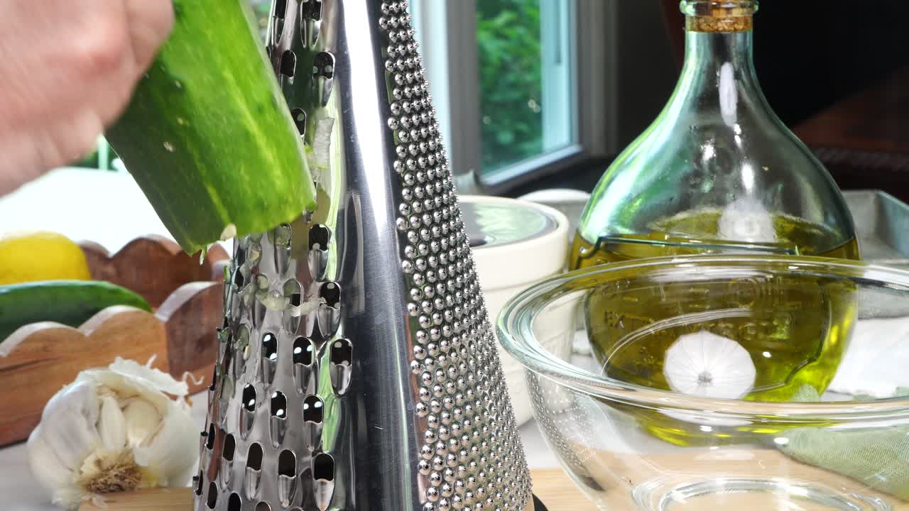 Grating a cucumber. Making Tzatziki Greek or Mediterranean sauce or dip for a party. Dip or sauce in a green bowl on a wooden cutting board with dill, green napkin and a grater.
