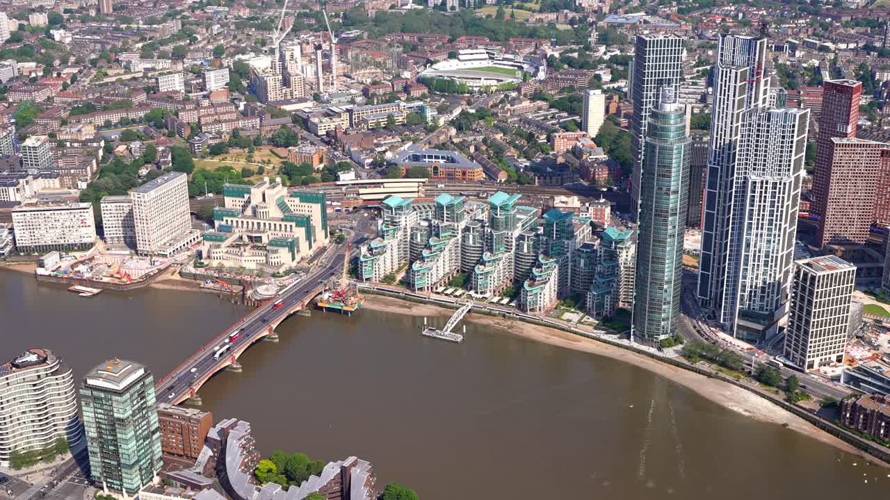 Aerial view of the MI-6 Building, Vauxhall Bridge, Vauxhall West to Nine Elms and the US Embassy, London UK.
