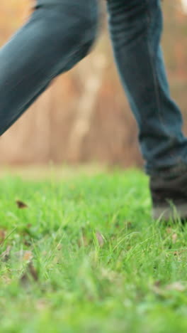 a close-up shot captures a man's legs in jeans and black shoes walking on lush green grass. the background shows a soft, blurred outdoor park setting with trees bathed in warm sunlight