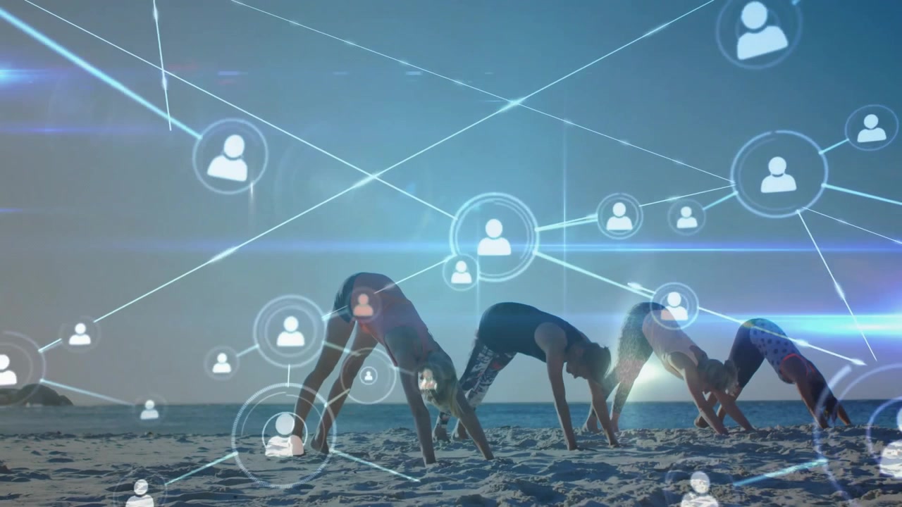 Group of Women Practicing Yoga on Beach with Digital Network Overlay