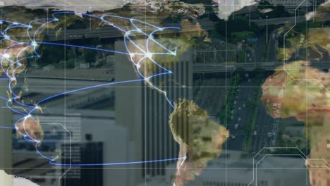 animación del procesamiento de datos a través de la red de conexiones de viaje en el mapa del mundo y el paisaje urbano